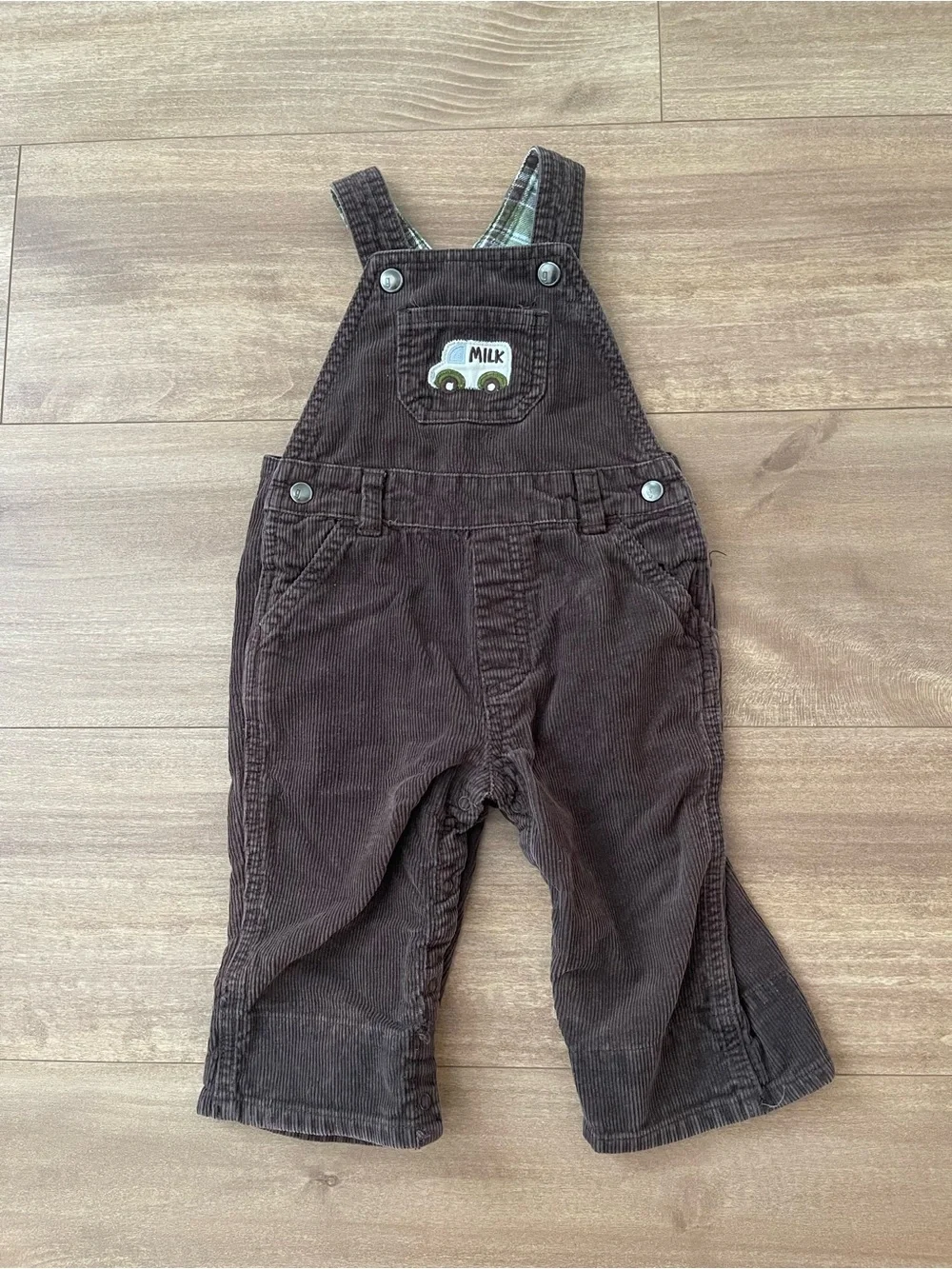 Brown Corduroy Baby Overalls with Milk Truck Patch Size 6-12 Months